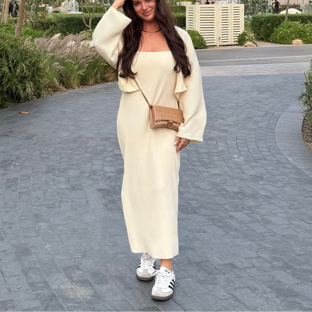Chic Cream Dress with Cardigan